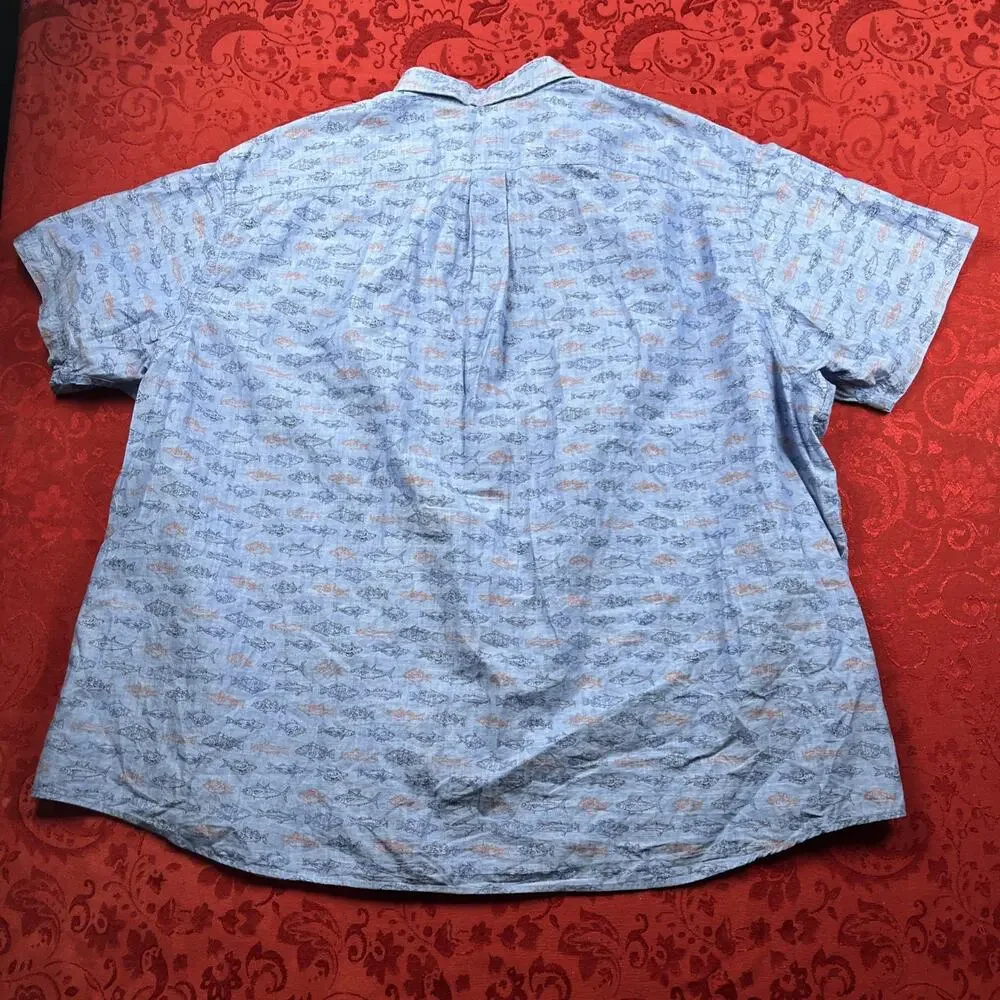 NEW Solaris Shirt Men's 4XB‎ BIG Blue Fish Print Short Sleeve Button Beach Camp